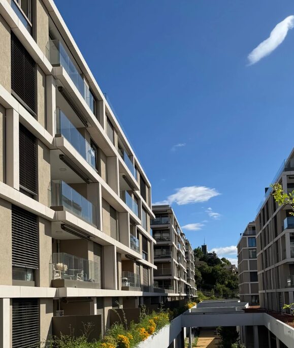 Façades de logements collectifs habillées de dalles minérales Rebeton.