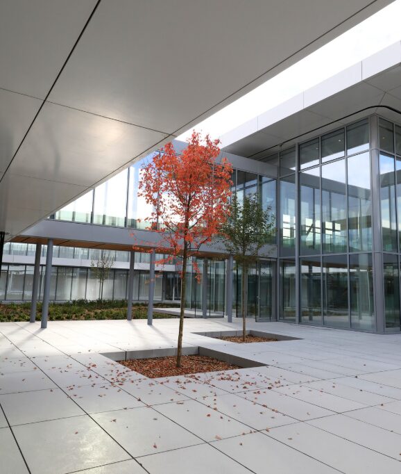 Dalles minérales Rebeton au sol dans un espace extérieur tertiaire – projet bioMérieux.